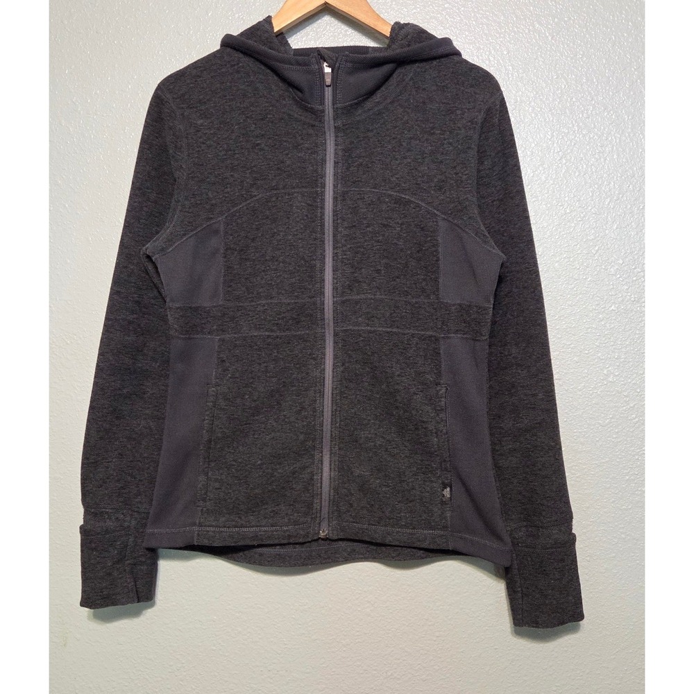 prAna Lrg Charcoal Fleece Zip Hoodie Convertible Mitten Cuffs Granola Gorpcore